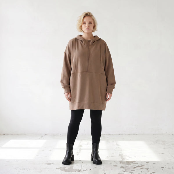 Damen Hoody Lagenlook Baumwolle Braun, gerader Schnitt, Reißverschluss, Oversize große Größen – Rafay