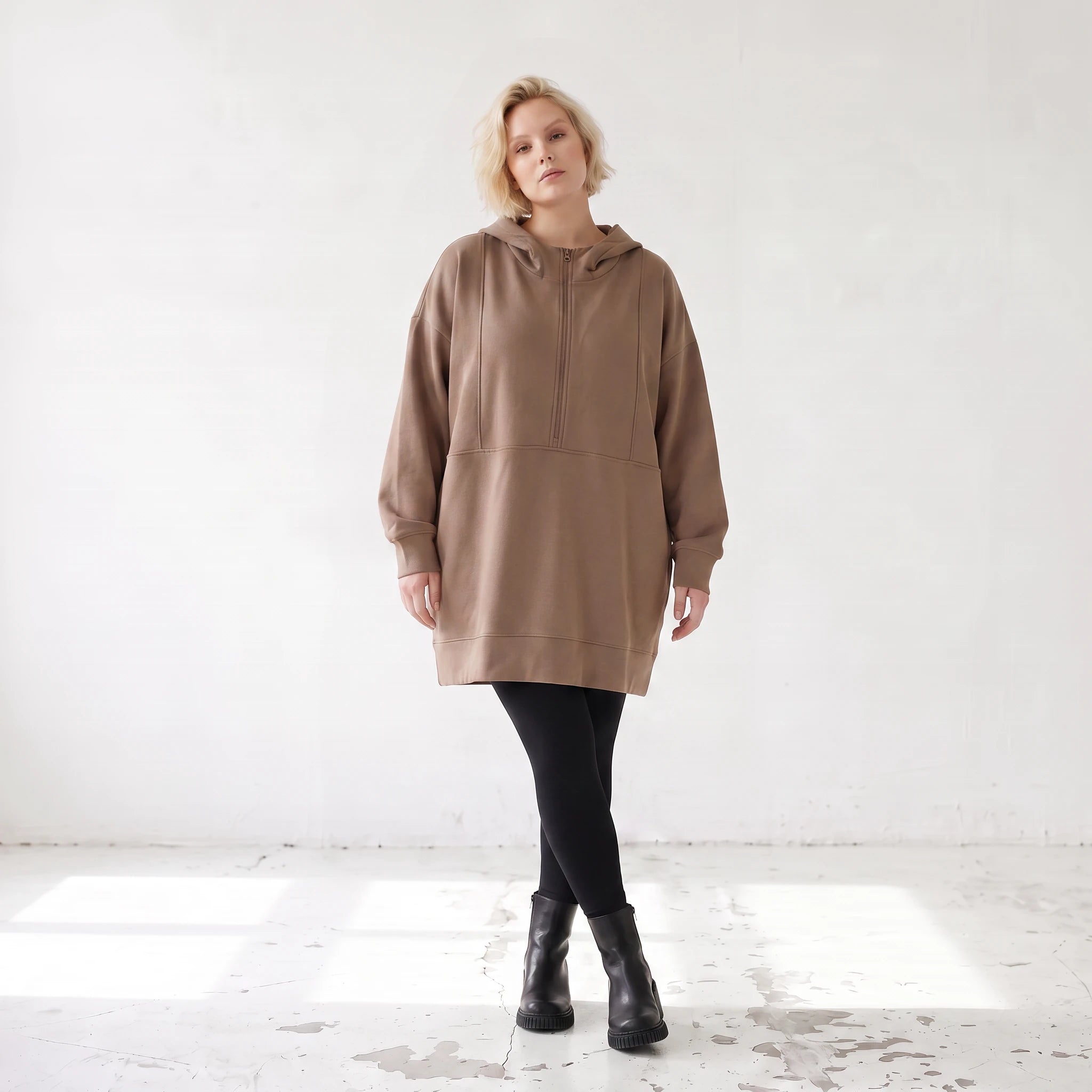 Damen Hoody Lagenlook Baumwolle Braun, gerader Schnitt, Reißverschluss, Oversize große Größen – Rafay