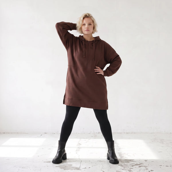 Damen Hoody Lagenlook Baumwolle Braun, gerader Schnitt, Reißverschluss, Oversize große Größen – Rafay