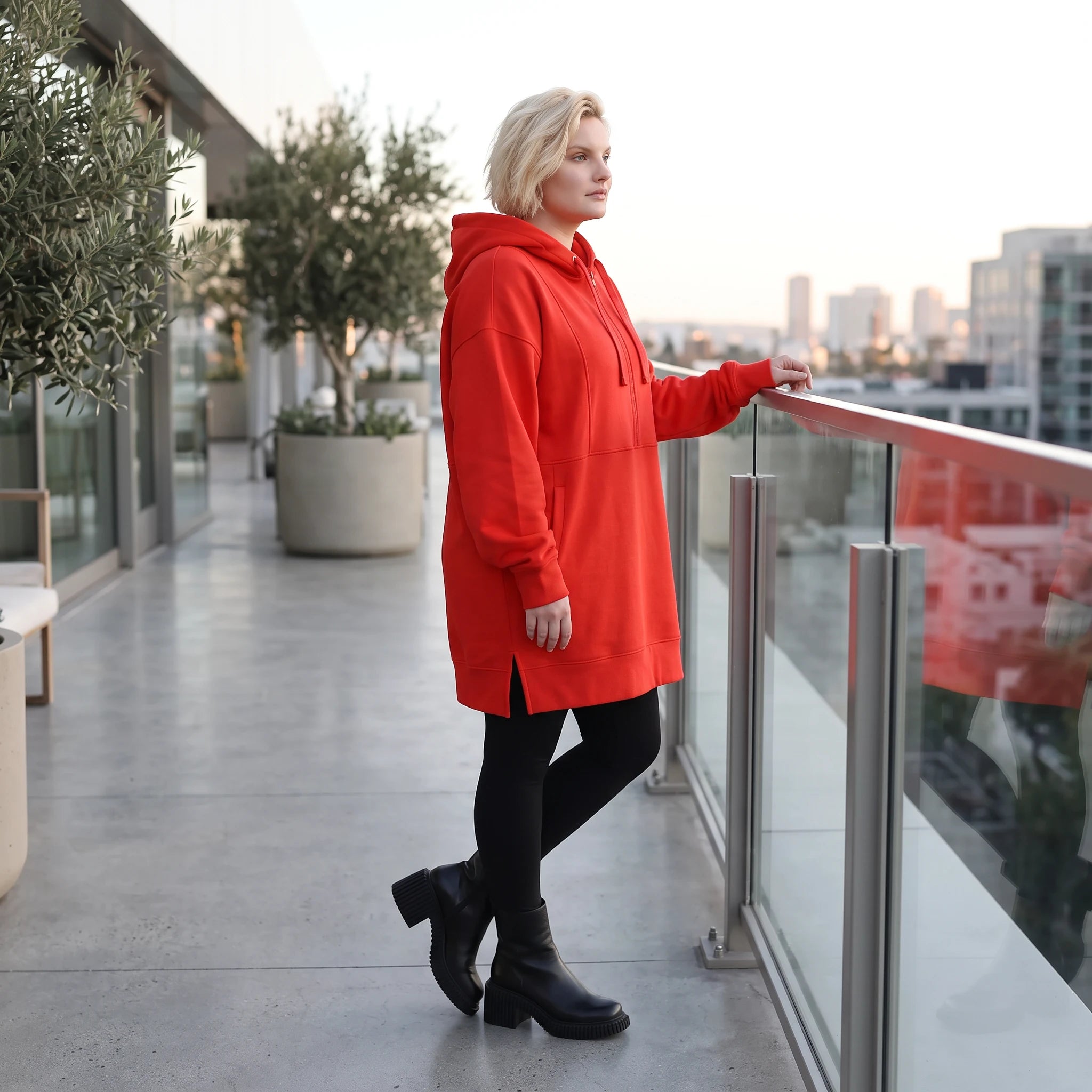 Damen Hoody Lagenlook Baumwolle Rot, gerader Schnitt, Reißverschluss, Oversize große Größen – Rafay