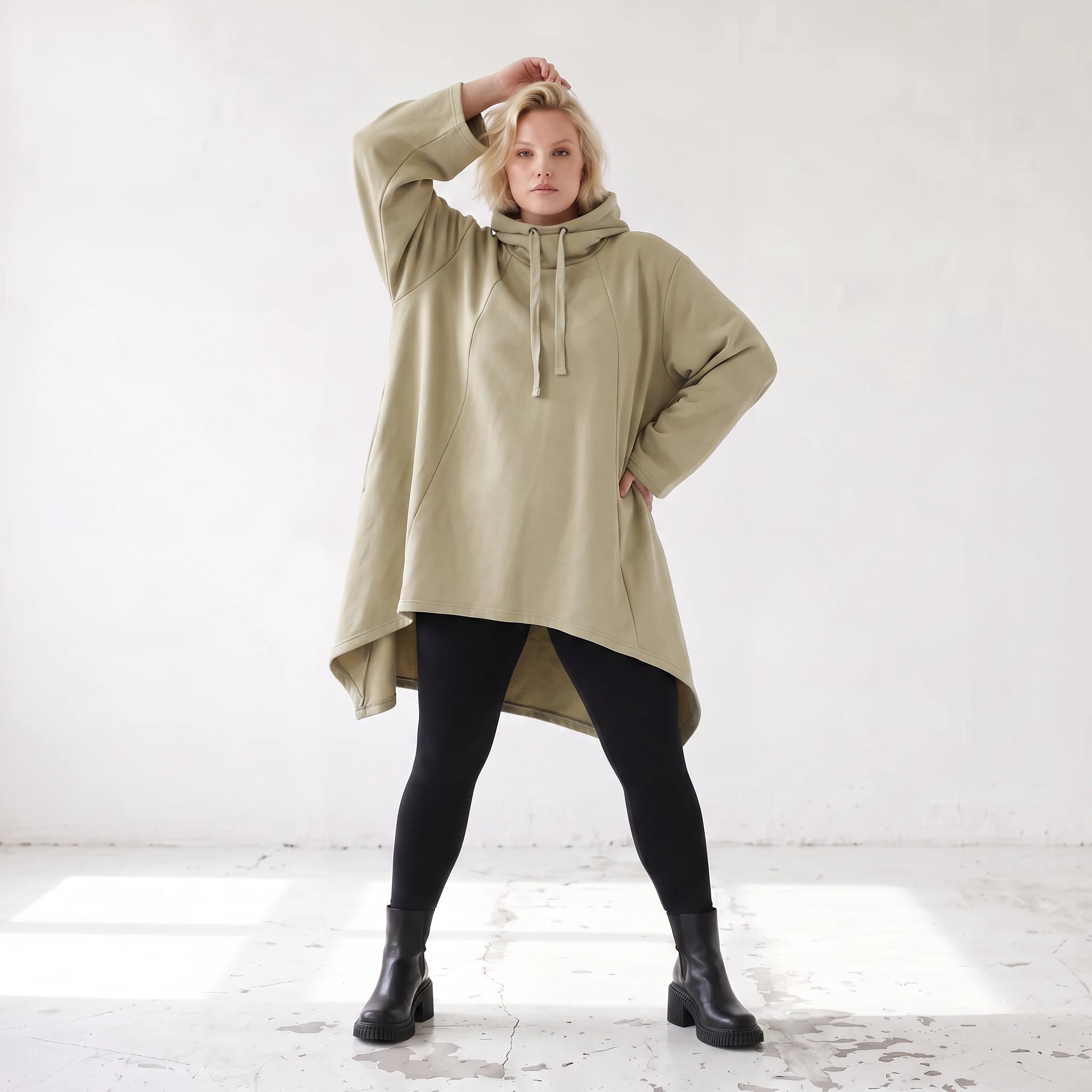 Damen Shirt Lagenlook Baumwolle Beige, Vokuhila, Langarm, Daumenloch, Oversize große Größen – Rafay