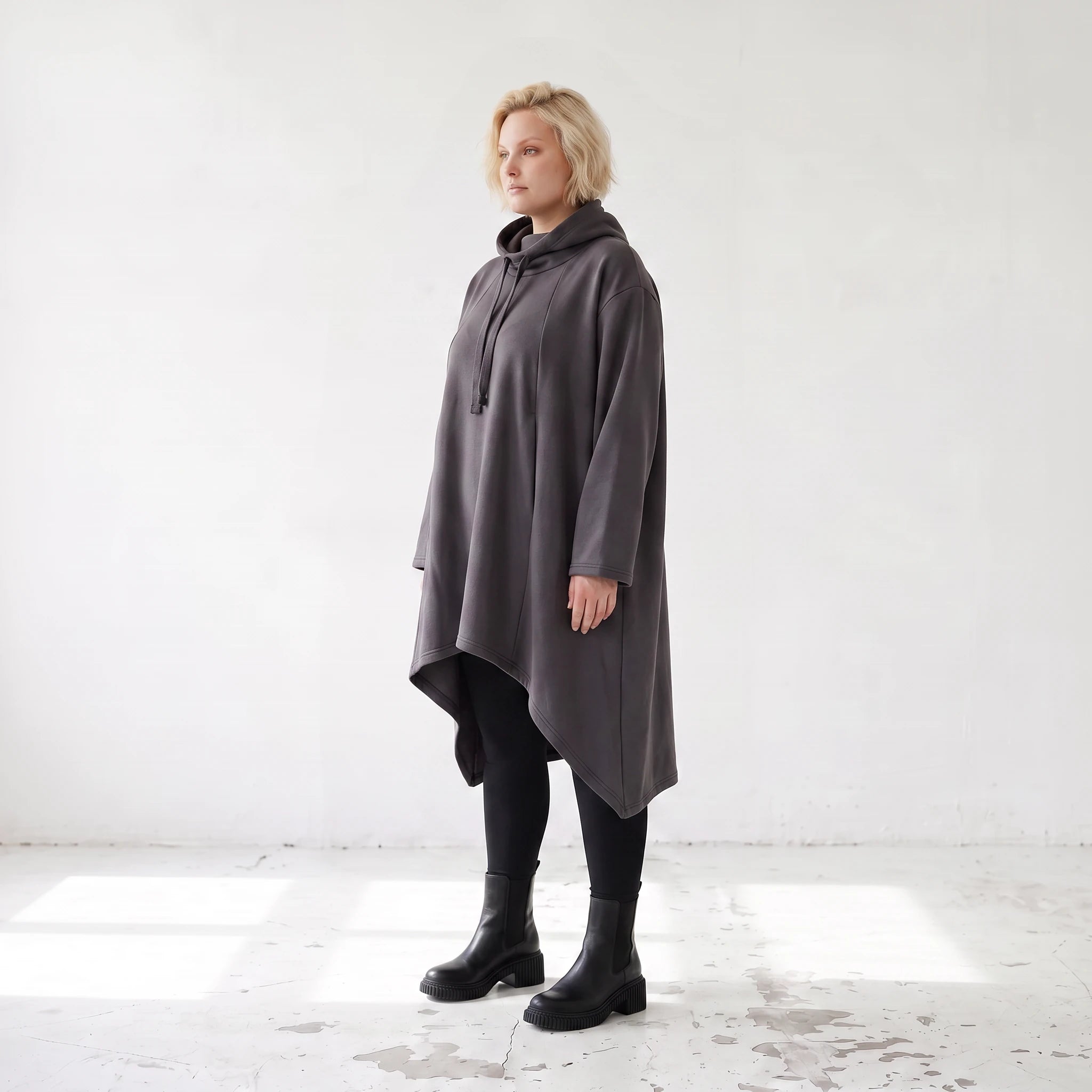 Damen Shirt Lagenlook Baumwolle Dunkelgrau, Vokuhila, Langarm, Daumenloch, Oversize große Größen – Rafay
