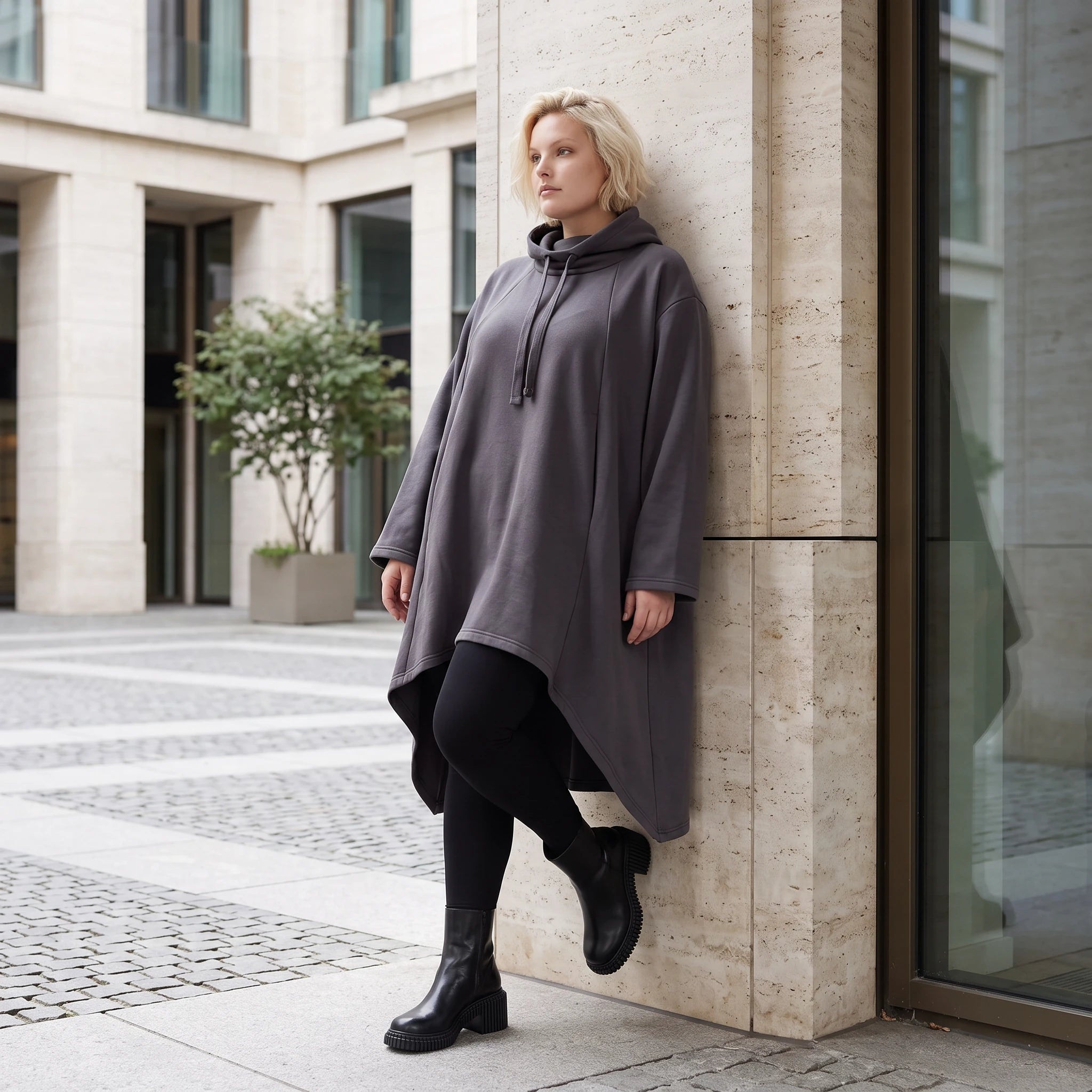 Damen Shirt Lagenlook Baumwolle Dunkelgrau, Vokuhila, Langarm, Daumenloch, Oversize große Größen – Rafay