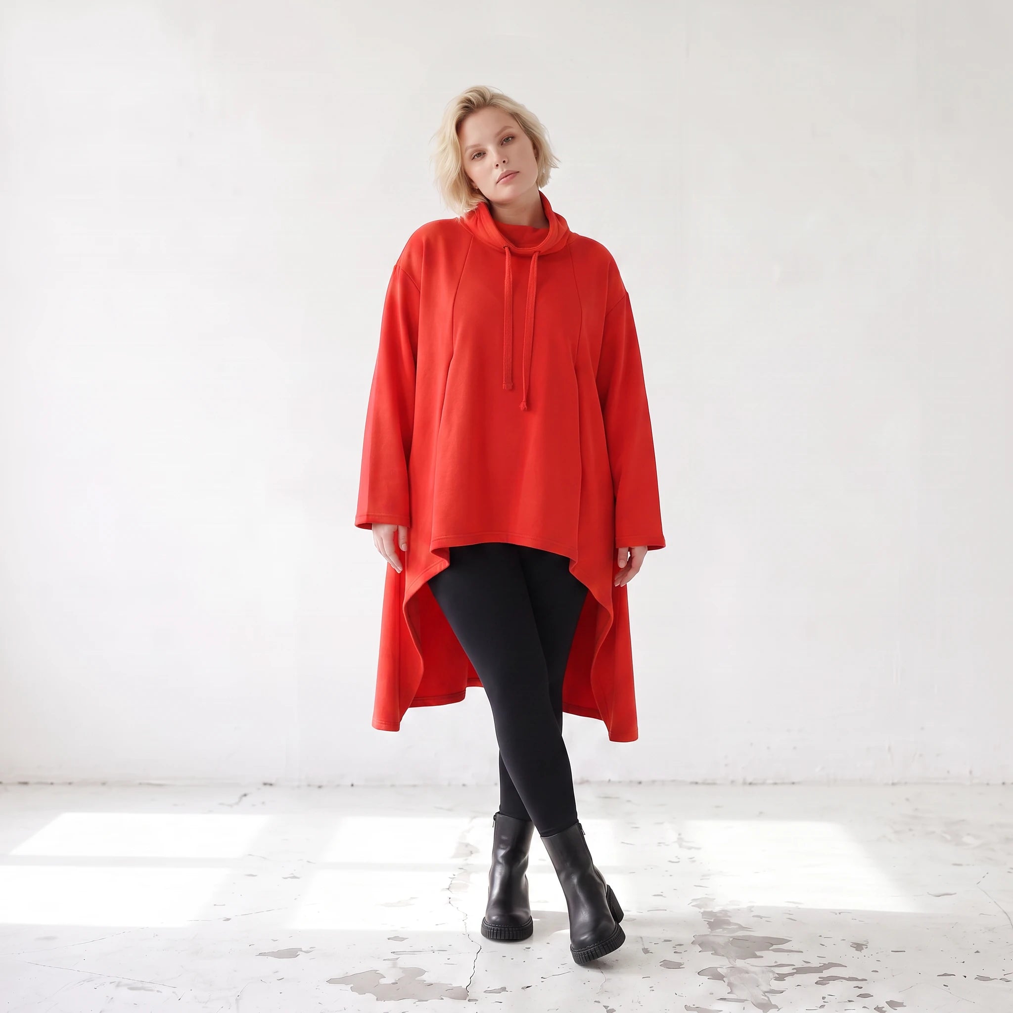 Damen Shirt Lagenlook Baumwolle Rot, Vokuhila, Langarm, Nahttaschen, Oversize große Größen – Rafay