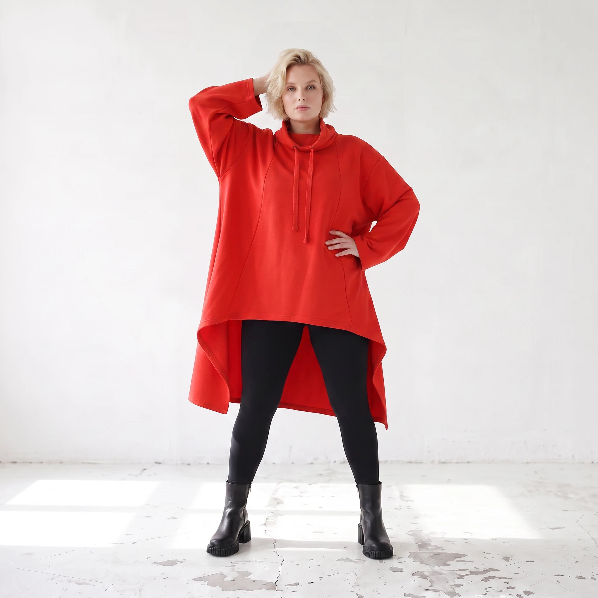 Damen Shirt Lagenlook Baumwolle Rot, Vokuhila, Langarm, Nahttaschen, Oversize große Größen – Rafay