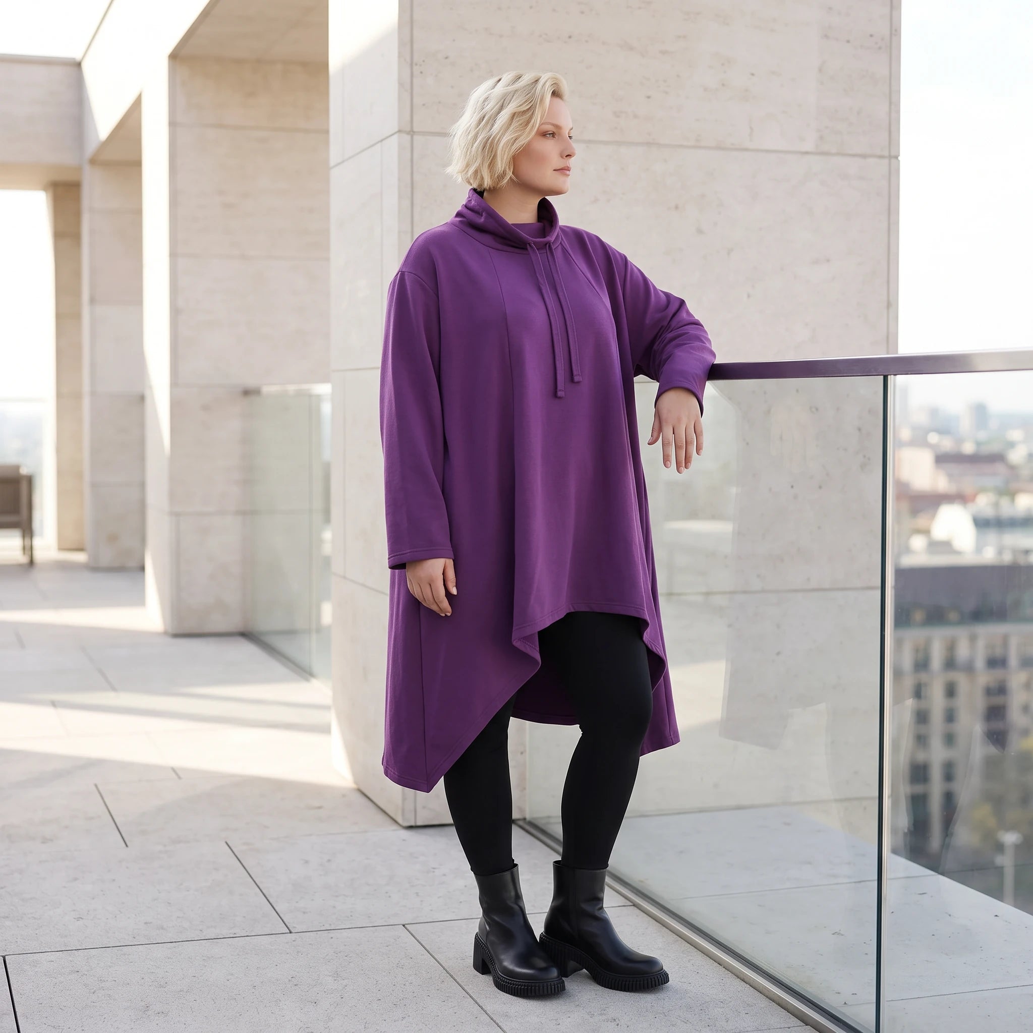 Damen Shirt Lagenlook Baumwolle Lila, Vokuhila, Langarm, Nahttaschen, Oversize große Größen – Rafay