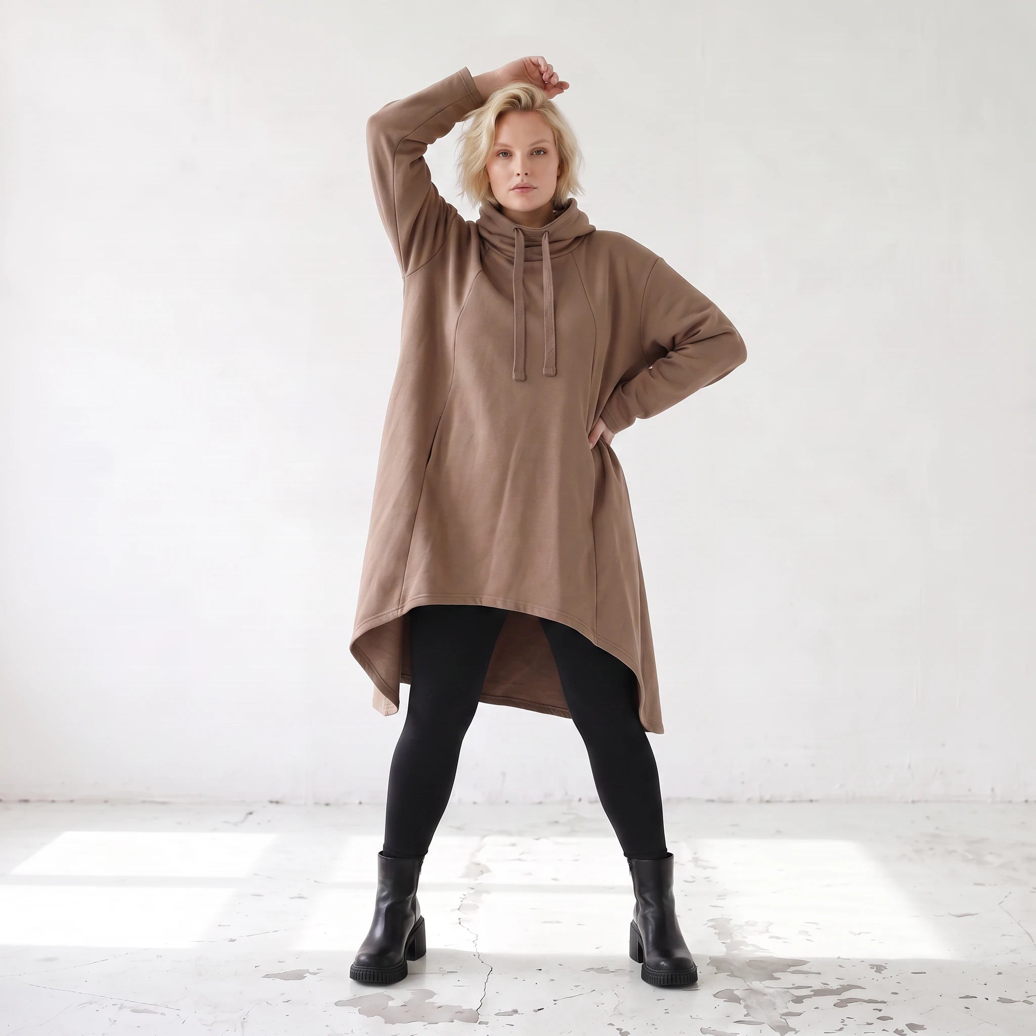 Damen Shirt Lagenlook Baumwolle Braun, Vokuhila, Langarm, Daumenloch, Oversize große Größen – Rafay