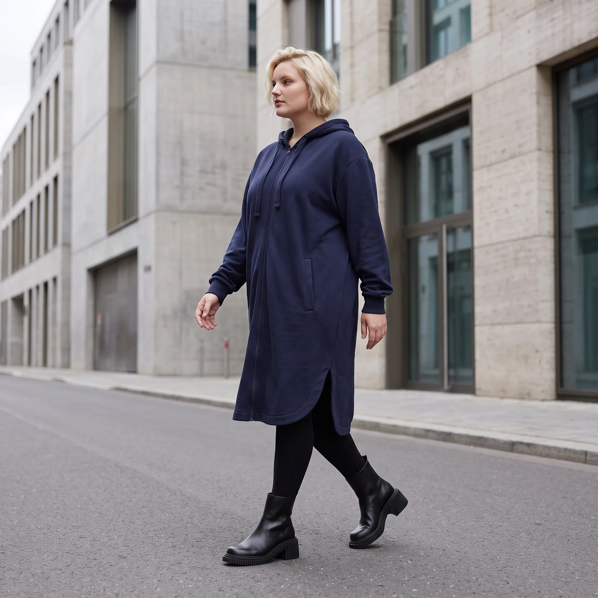 Dunkelblaue Kapuzenjacke aus Baumwolle mit Reissverschluss Seitentaschen und Kapuze