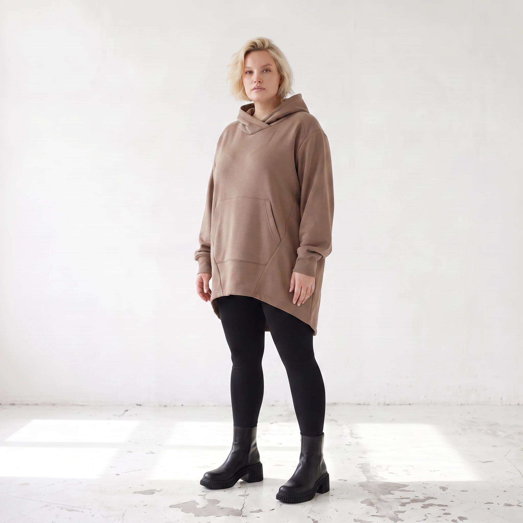 Damen Hoody Lagenlook Baumwolle Braun, gerundeter Schnitt, Kapuze, Oversize große Größen – Rafay