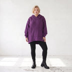 Damen Hoody Lagenlook Baumwolle Lila, gerundeter Schnitt, 7/8-Arm, Kängurutasche, Oversize große Größen – Rafay