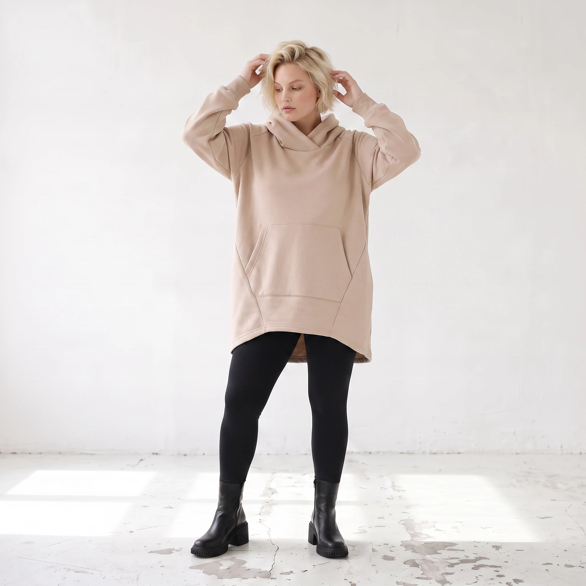 Damen Hoody Lagenlook Baumwolle Sand, gerundeter Schnitt, 7/8-Arm, Kängurutasche, Oversize große Größen – Rafay