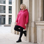 Damen Hoody Lagenlook Baumwolle Pink, gerundeter Schnitt, Kängurutasche, Oversize große Größen – Rafay