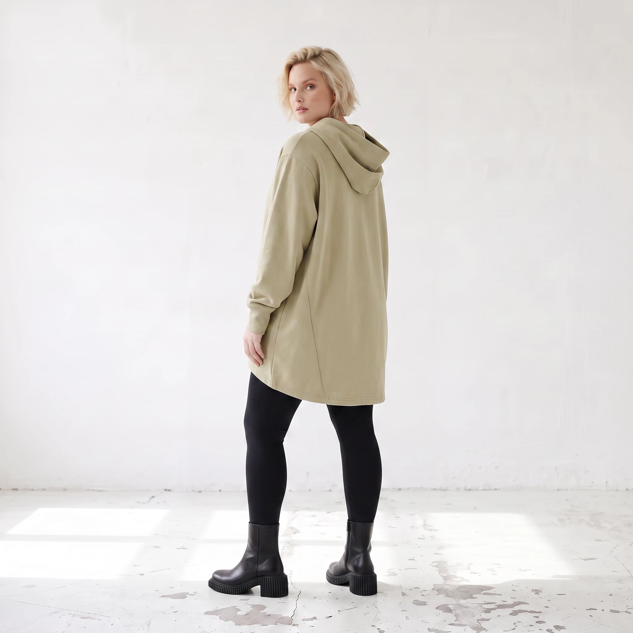 Damen Hoody Lagenlook Baumwolle Beige, gerundeter Schnitt, 7/8-Arm, Kängurutasche, Oversize große Größen – Rafay