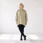 Damen Hoody Lagenlook Baumwolle Beige, gerundeter Schnitt, 7/8-Arm, Kängurutasche, Oversize große Größen – Rafay