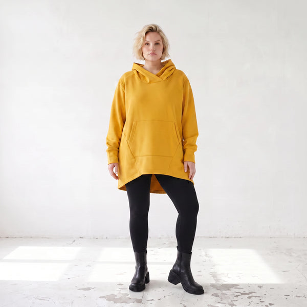 Damen Hoody Lagenlook Baumwolle Senfgelb, gerundeter Schnitt, 7/8-Arm, Kängurutasche, Oversize große Größen – Rafay