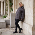 Damen Hoody Lagenlook Baumwolle Dunkelgrau, gerundeter Schnitt, Kängurutasche, Oversize große Größen – Rafay