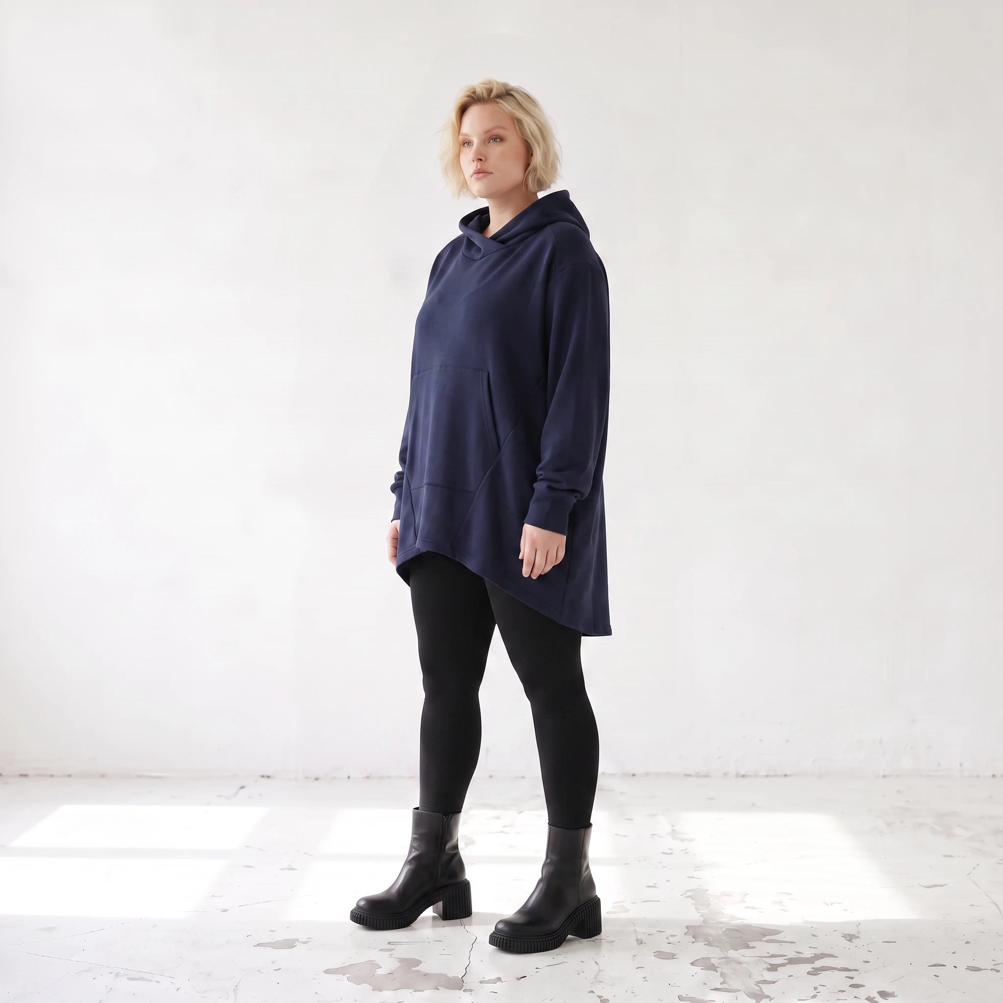 Damen Hoody Lagenlook Baumwolle Dunkelblau, gerundeter Schnitt, Kapuze, Oversize große Größen – Rafay