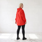 Damen Hoody Lagenlook Baumwolle Rot, gerundeter Schnitt, 7/8-Arm, Kängurutasche, Oversize große Größen – Rafay