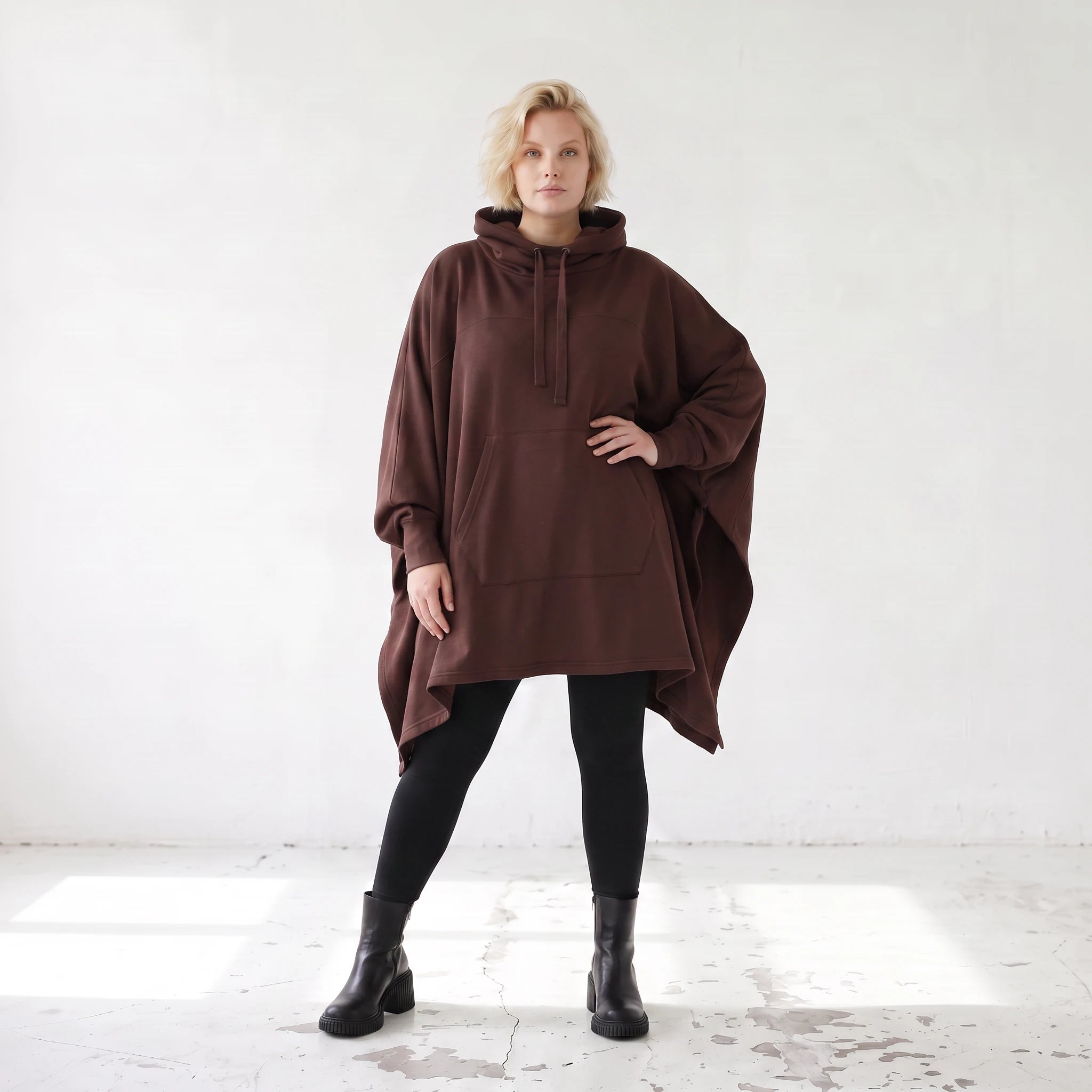 Damen Poncho Lagenlook Baumwolle Schokobraun, kastiger Schnitt, Kapuze, Oversize große Größen – Rafay
