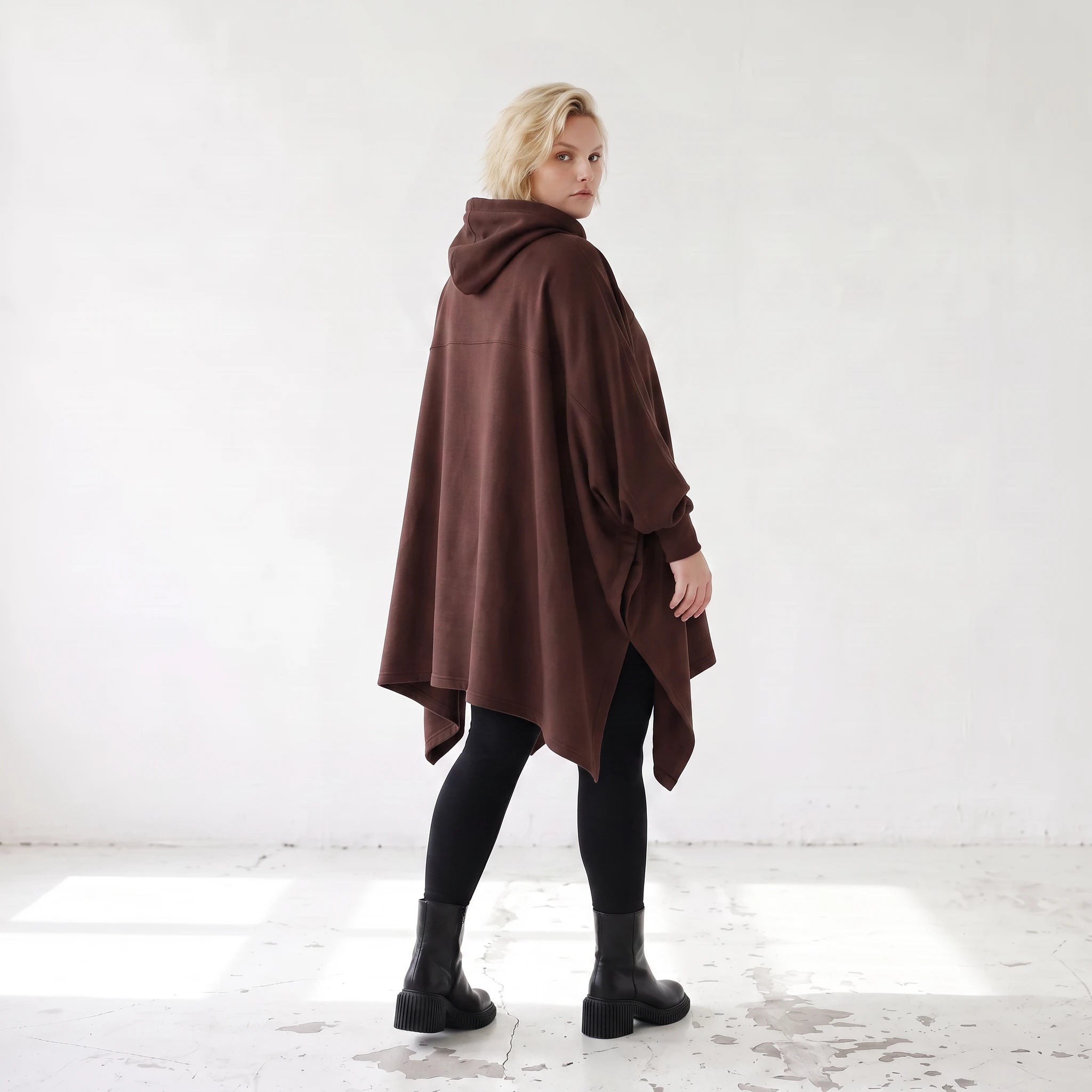 Damen Poncho Lagenlook Baumwolle Schokobraun, kastiger Schnitt, Kapuze, Oversize große Größen – Rafay