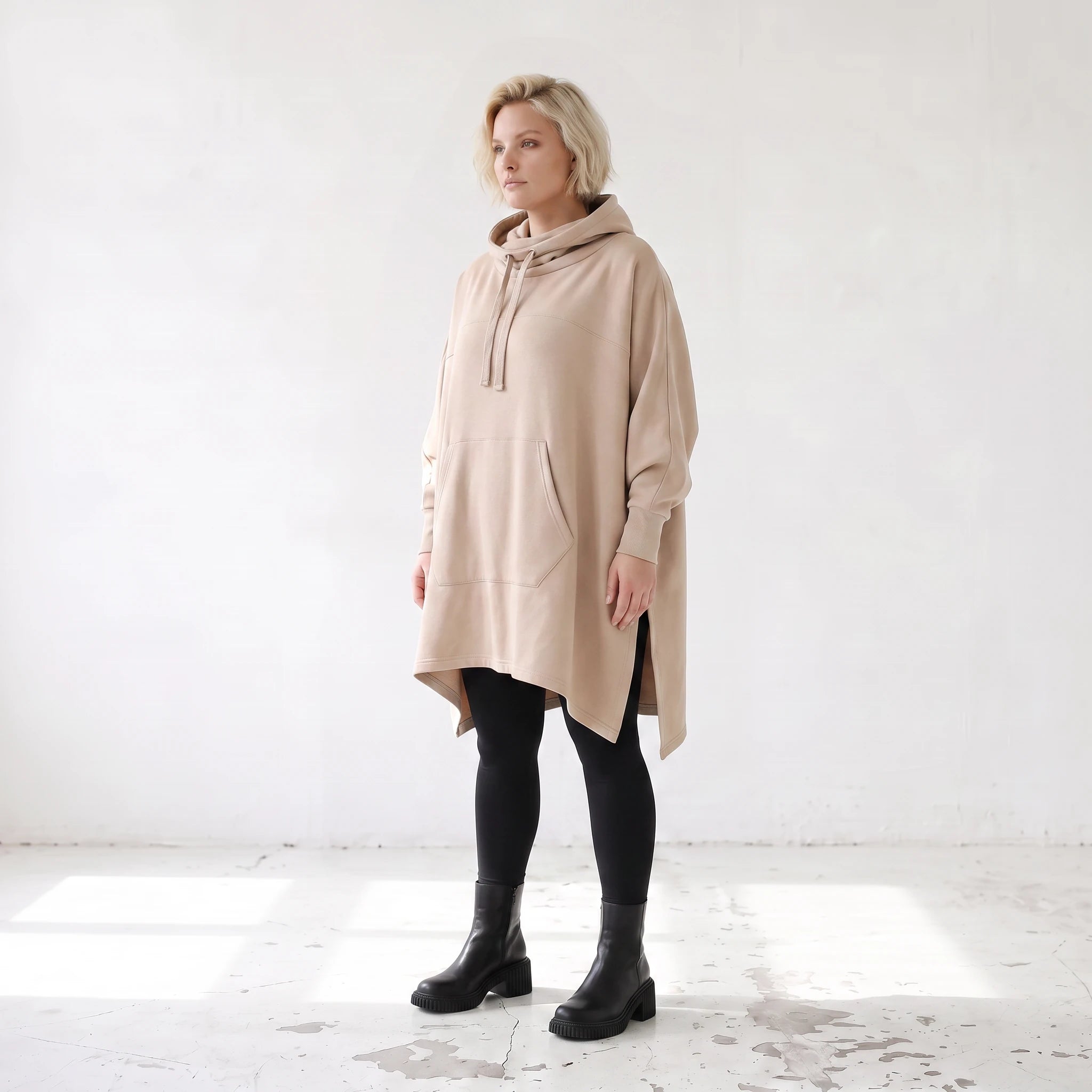 Damen Poncho Lagenlook Baumwolle Sand, kastiger Schnitt, Kapuze, Oversize große Größen – Rafay