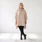 Damen Poncho Lagenlook Baumwolle Sand, kastiger Schnitt, Kapuze, Oversize große Größen – Rafay