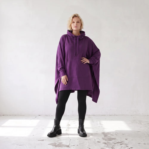 Damen Poncho Lagenlook Baumwolle Lila, kastiger Schnitt, Kapuze, Oversize große Größen – Rafay