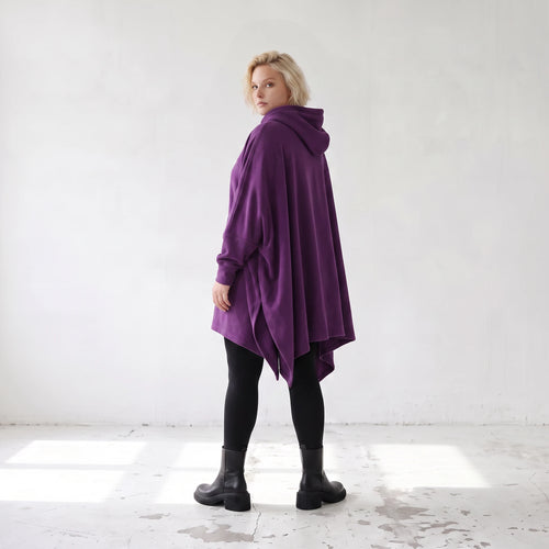 Damen Poncho Lagenlook Baumwolle Lila, kastiger Schnitt, Kapuze, Oversize große Größen – Rafay