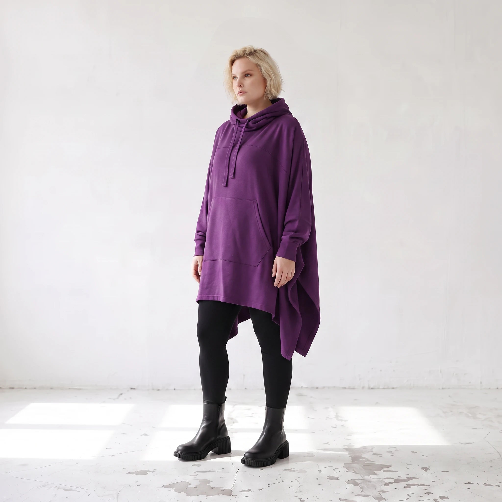Damen Poncho Lagenlook Baumwolle Lila, kastiger Schnitt, Kapuze, Oversize große Größen – Rafay