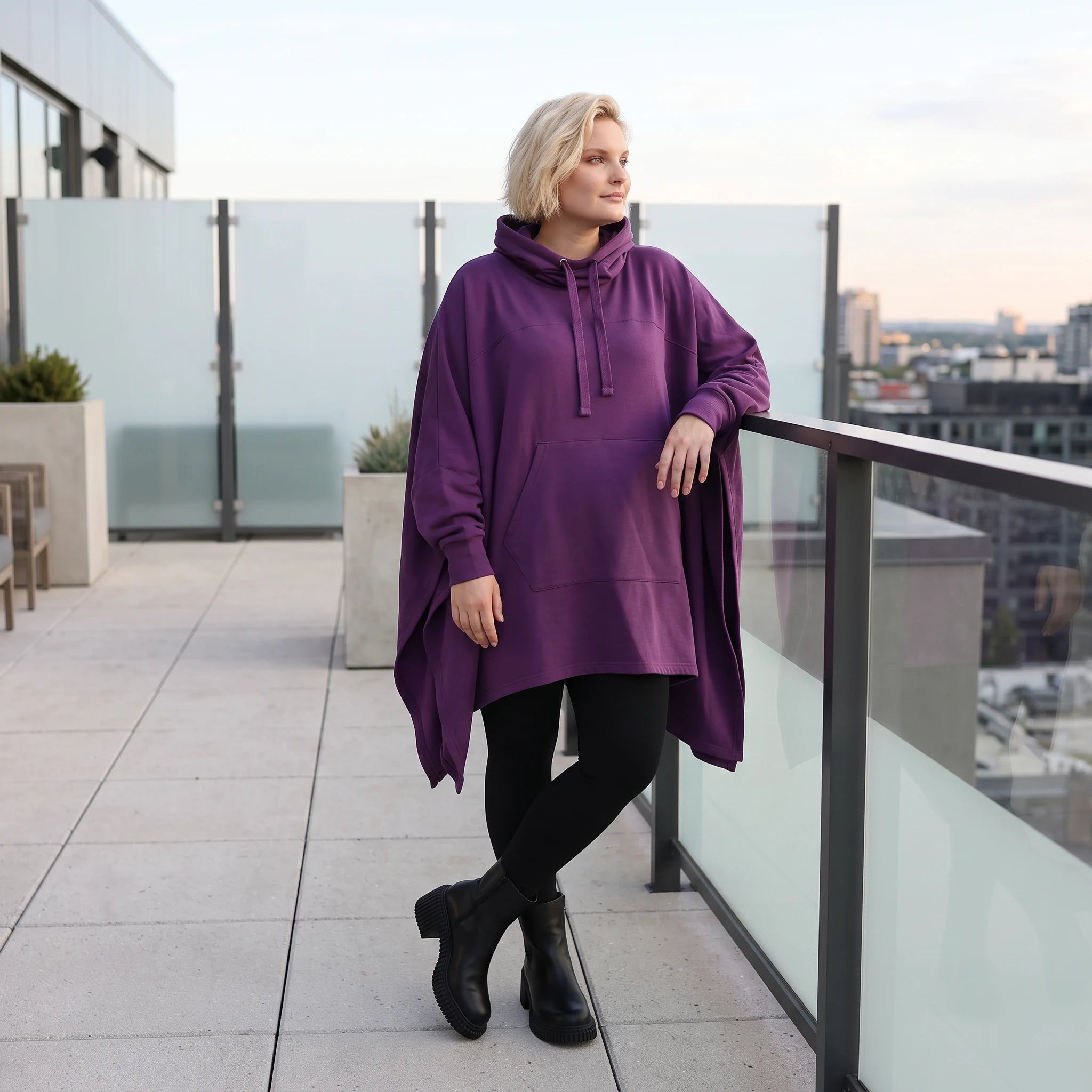 Damen Poncho Lagenlook Baumwolle Lila, kastiger Schnitt, Kapuze, Oversize große Größen – Rafay