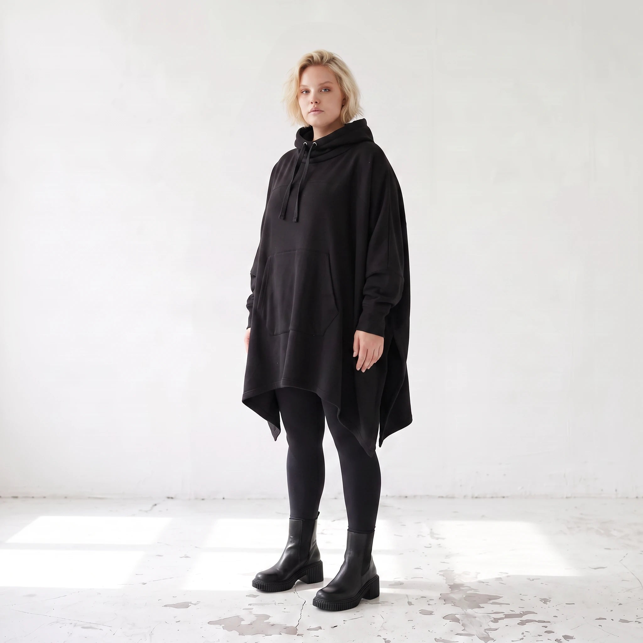 Damen Poncho Lagenlook Baumwolle Schwarz, kastiger Schnitt, Kapuze, Oversize große Größen – Rafay