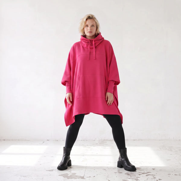 Damen Poncho Lagenlook Baumwolle Pink, kastiger Schnitt, Kapuze, Oversize große Größen – Rafay