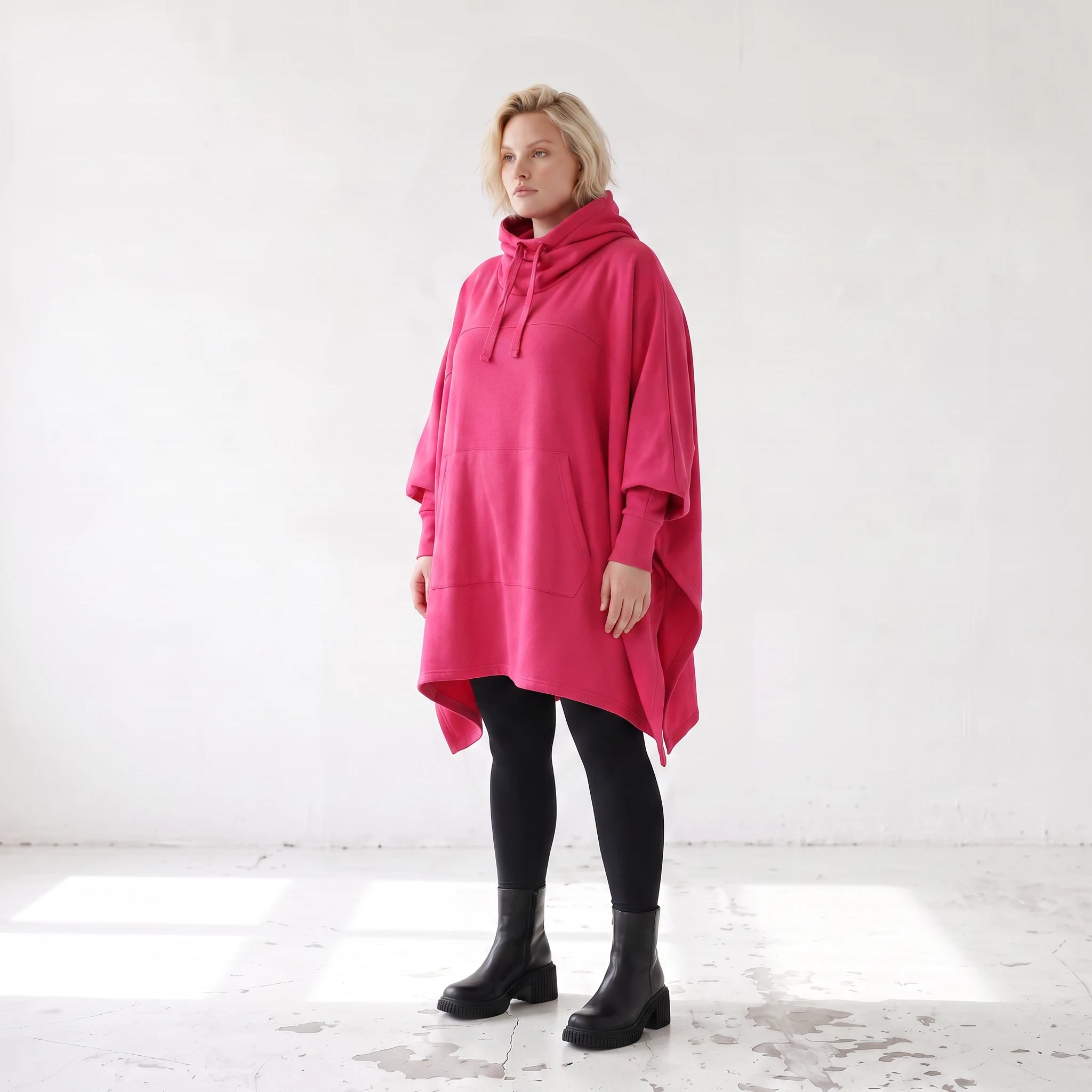 Damen Poncho Lagenlook Baumwolle Pink, kastiger Schnitt, Kapuze, Oversize große Größen – Rafay