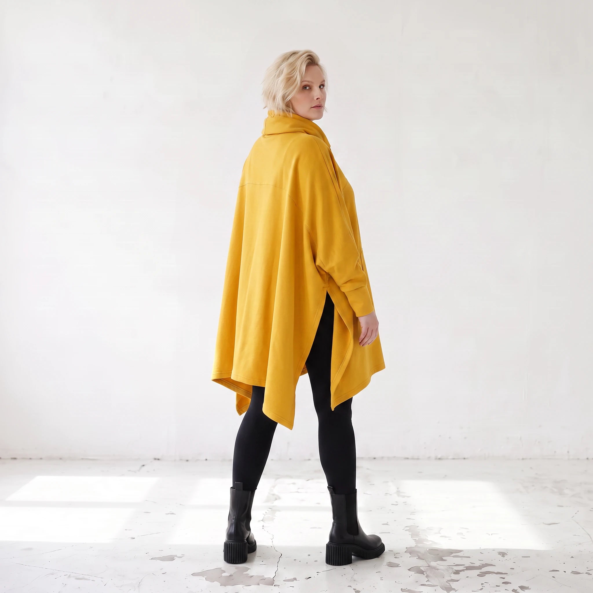Damen Poncho Lagenlook Baumwolle Senfgelb, kastiger Schnitt, Langarm, Kapuze, Oversize große Größen – Rafay