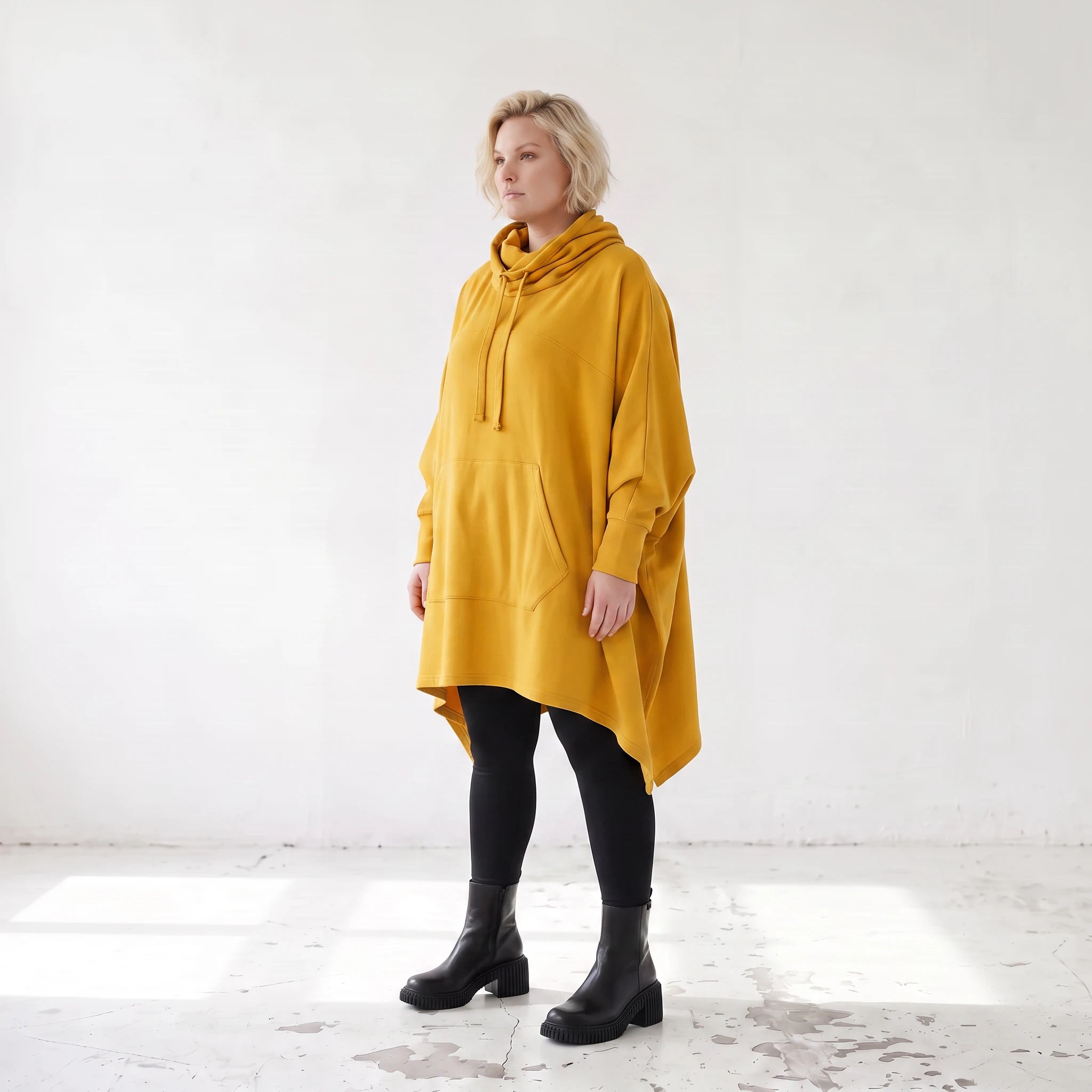 Damen Poncho Lagenlook Baumwolle Senfgelb, kastiger Schnitt, Langarm, Kapuze, Oversize große Größen – Rafay