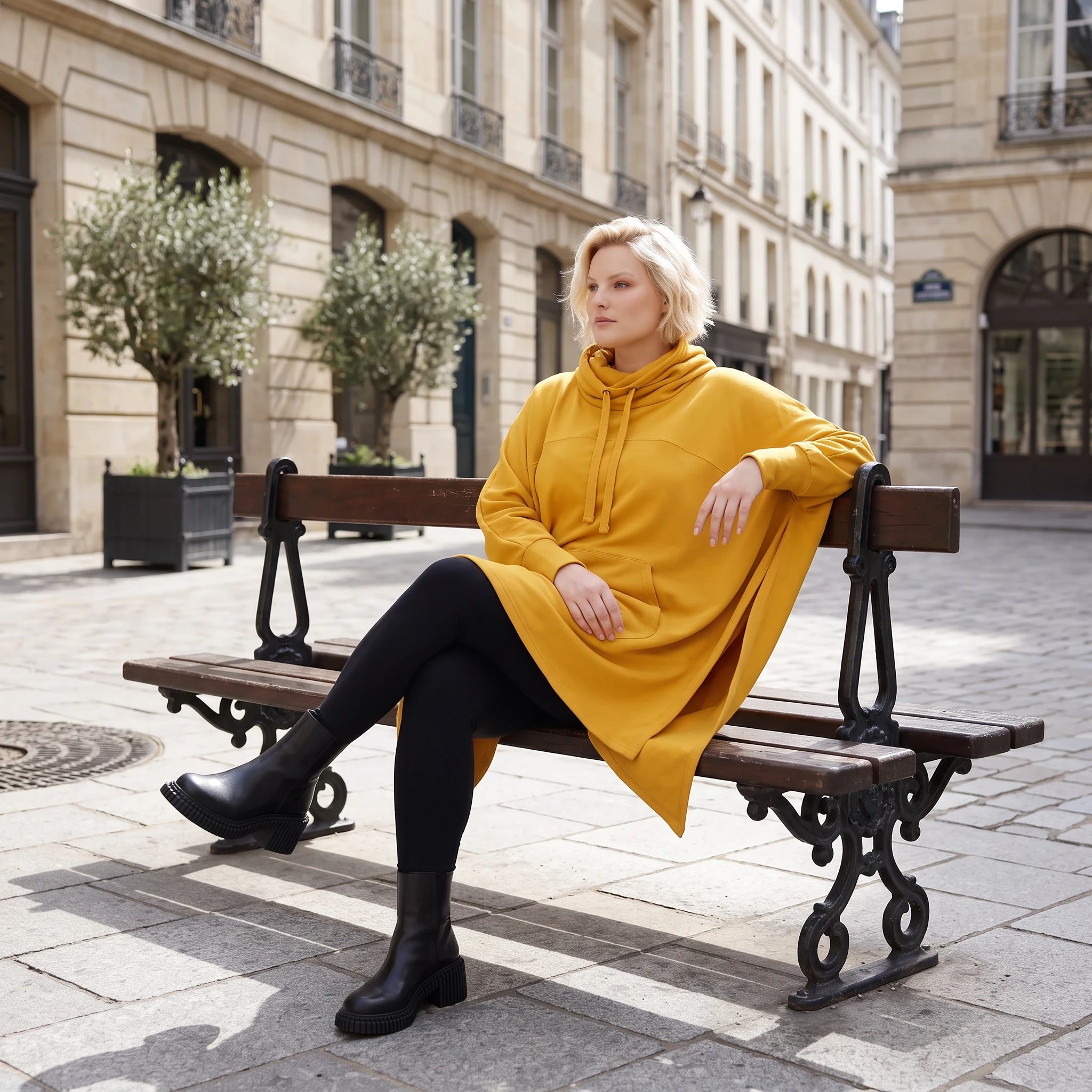 Damen Poncho Lagenlook Baumwolle Senfgelb, kastiger Schnitt, Langarm, Kapuze, Oversize große Größen – Rafay