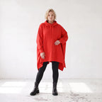 Damen Poncho Lagenlook Baumwolle Rot, kastiger Schnitt, Kapuze, Oversize große Größen – Rafay