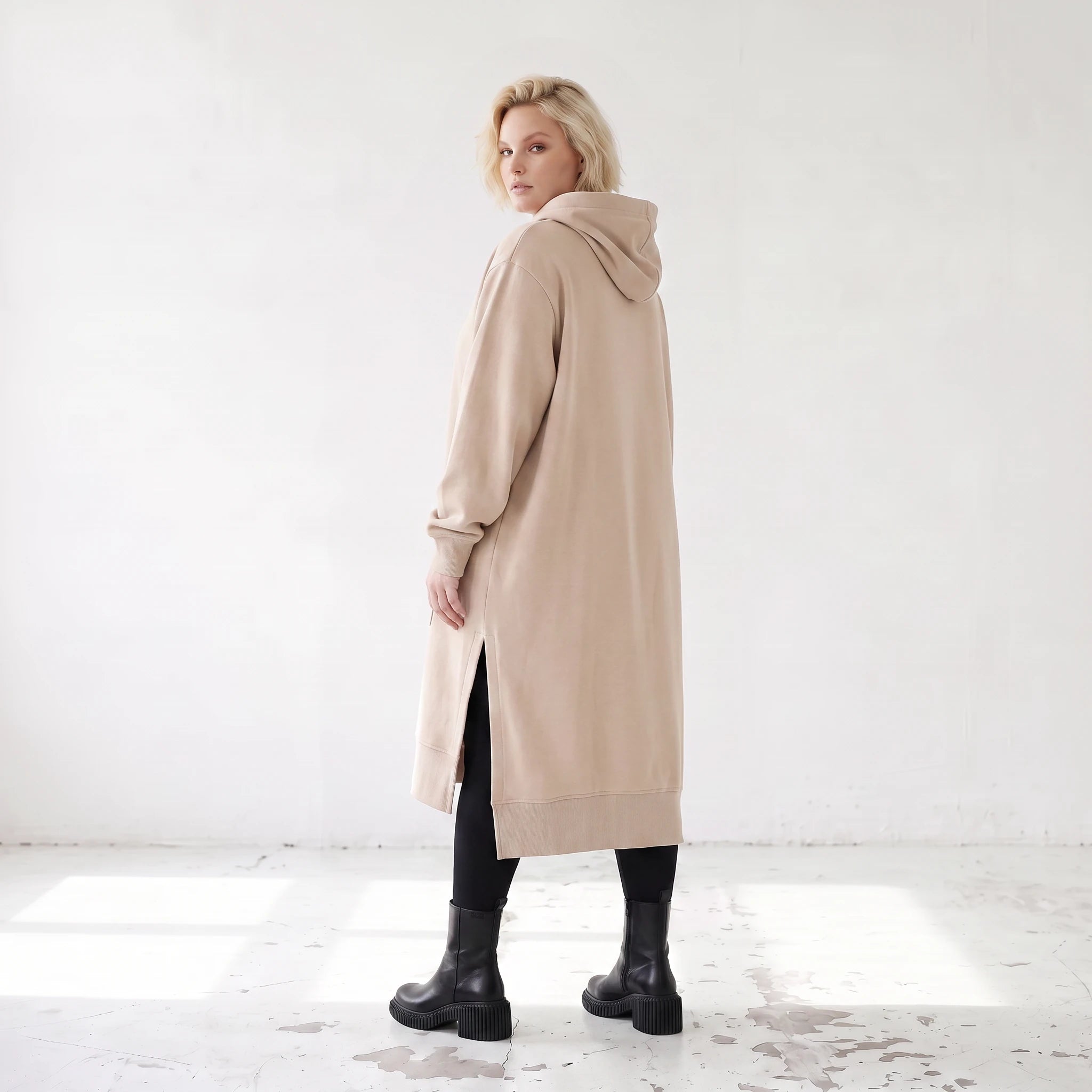 Damen Hoody Lagenlook Baumwolle Sand, gerader Schnitt, Kapuze, Oversize große Größen – Rafay