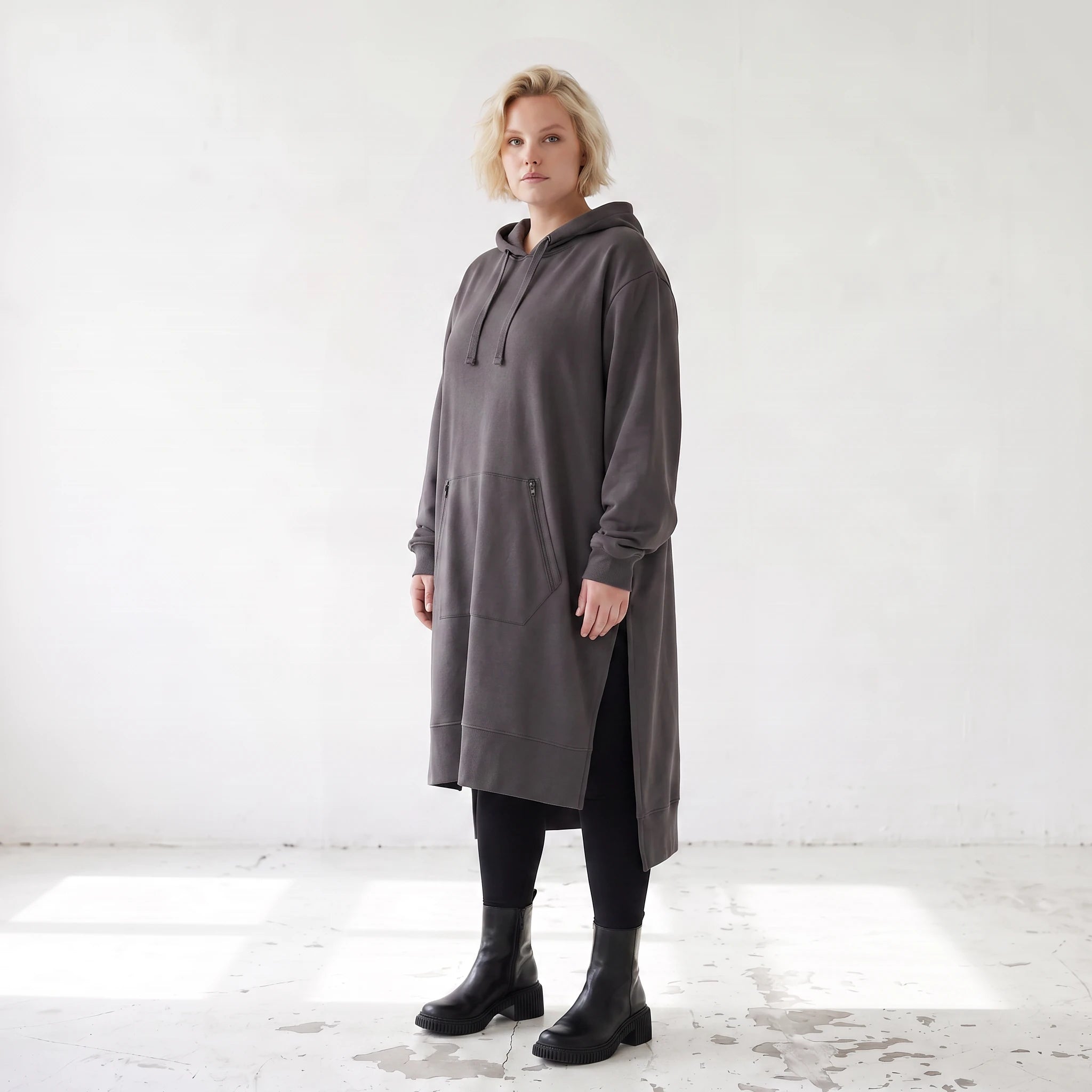 Damen Hoody Lagenlook Baumwolle Dunkelgrau, gerader Schnitt, Kapuze, Oversize große Größen – Rafay