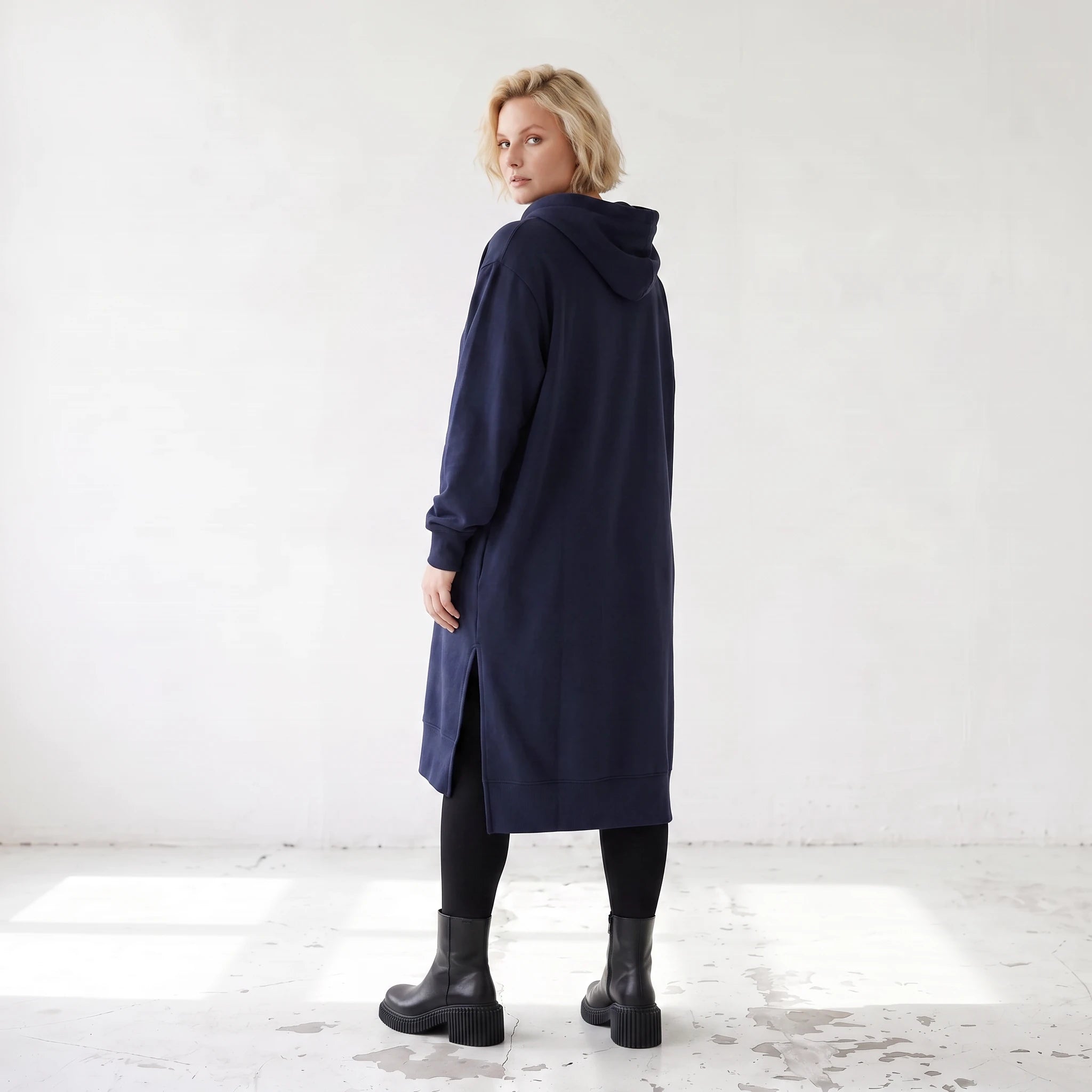Damen Hoody Lagenlook Baumwolle Dunkelblau, gerader Schnitt, Langarm, Kapuze, Oversize große Größen – Rafay