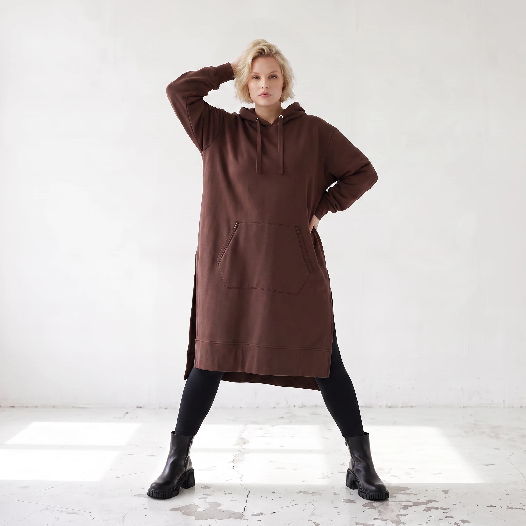 Damen Hoody Lagenlook Baumwolle Schokobraun, gerader Schnitt, Langarm, Kapuze, Oversize große Größen – Rafay