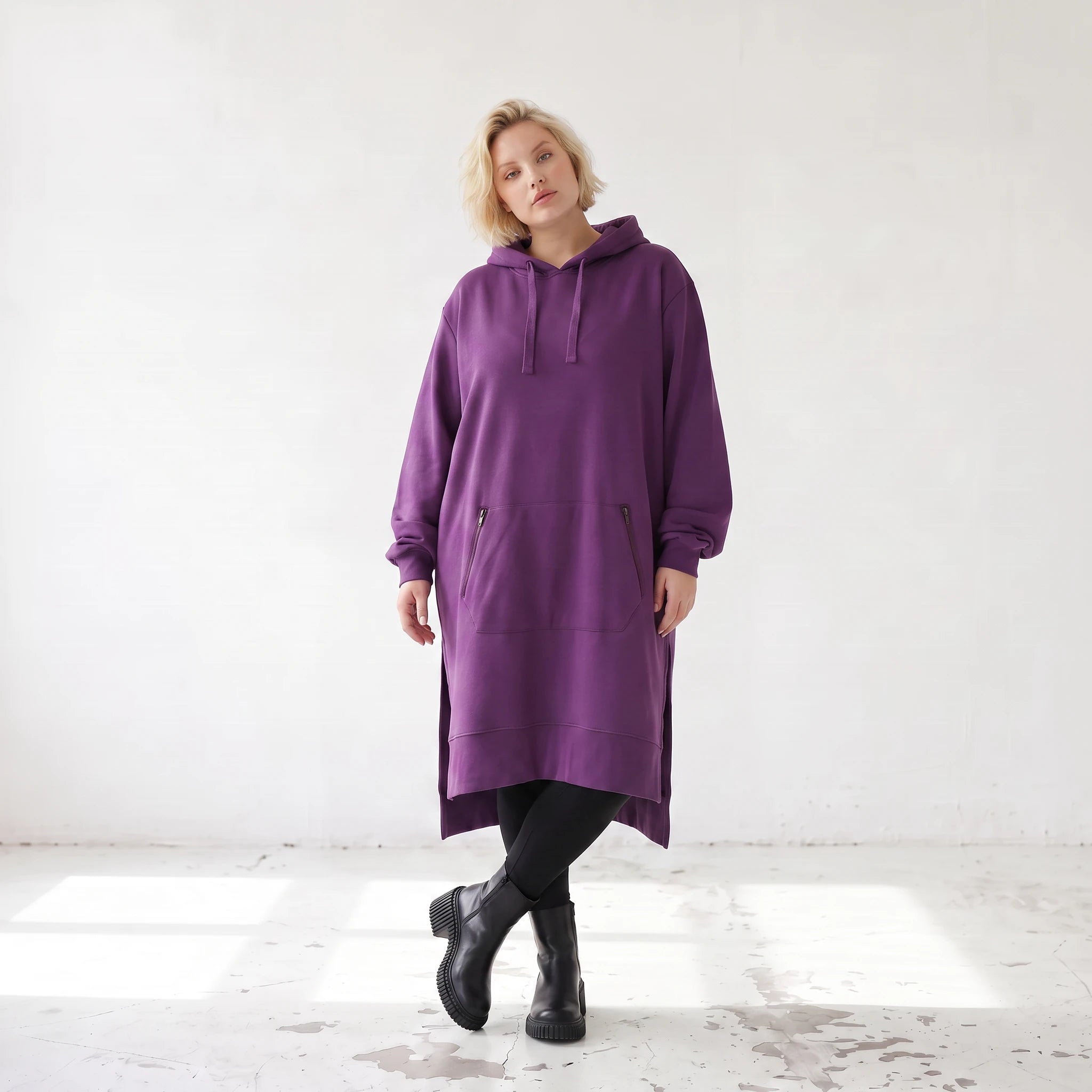Damen Hoody Lagenlook Baumwolle Lila, gerader Schnitt, Langarm, Kapuze, Oversize große Größen – Rafay
