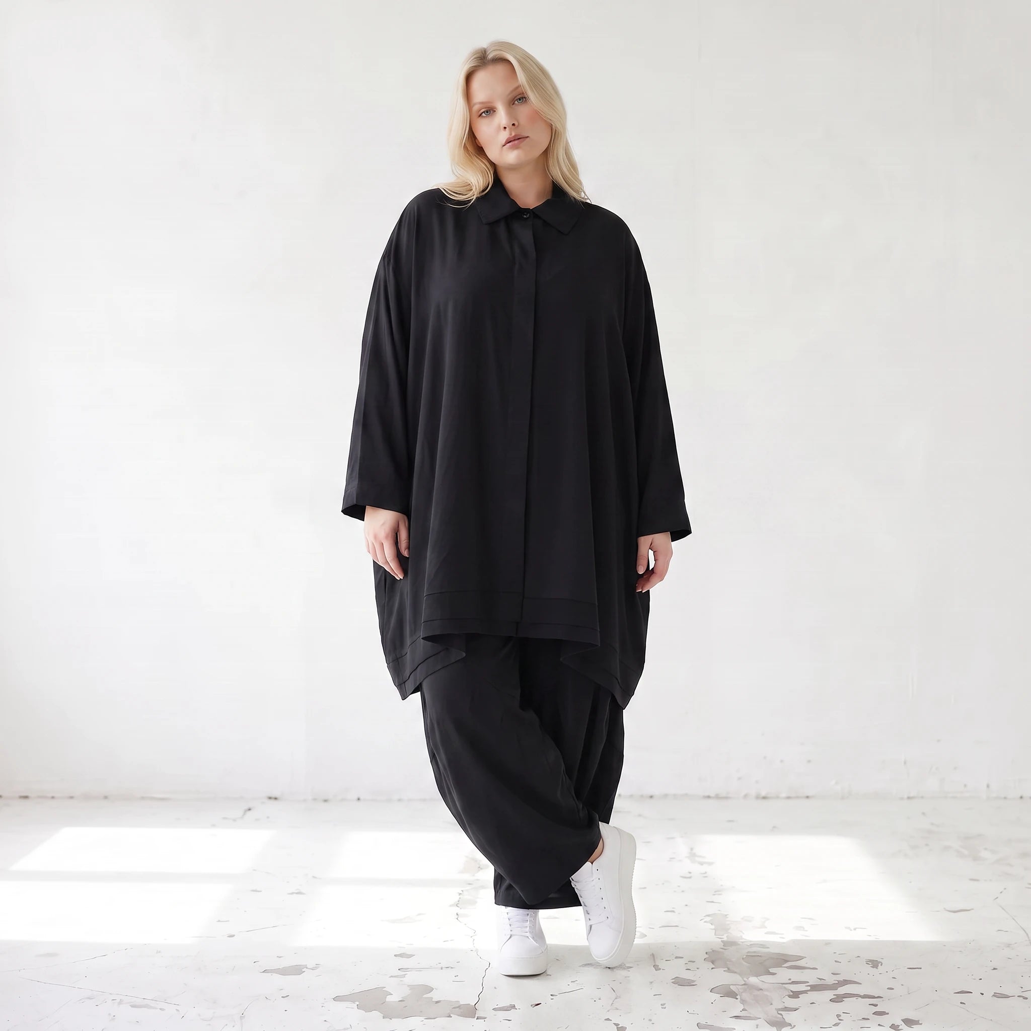 Damen Bluse Lagenlook Lyocell Schwarz, A-Linie, Knopfleiste, Oversize große Größen – AKH Premium