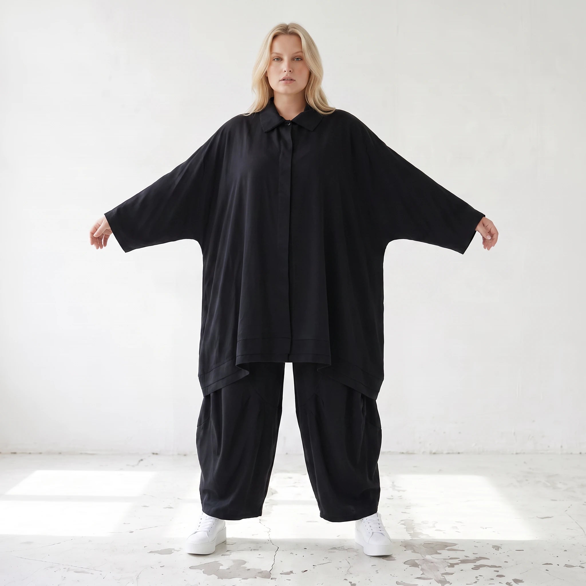 Damen Bluse Lagenlook Lyocell Schwarz, A-Linie, Knopfleiste, Oversize große Größen – AKH Premium