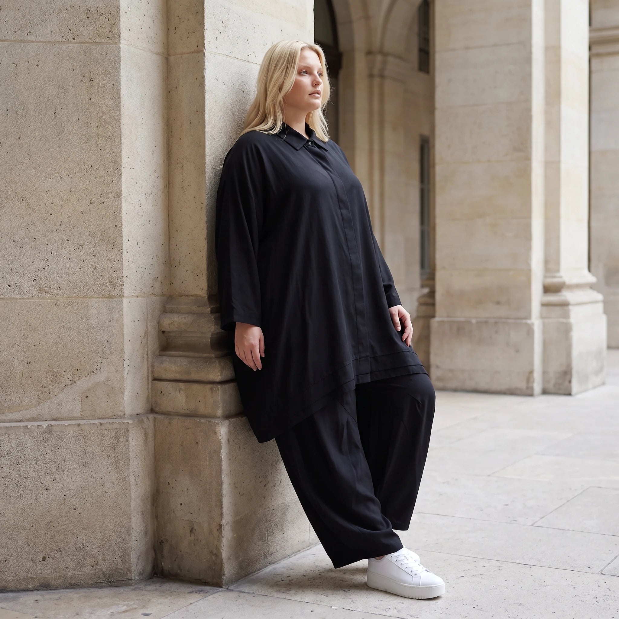 Damen Bluse Lagenlook Lyocell Schwarz, A-Linie, Knopfleiste, Oversize große Größen – AKH Premium