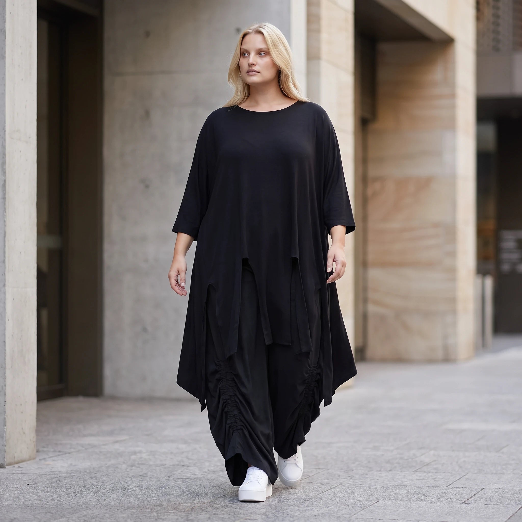 Damen Shirt Lagenlook Lyocell Schwarz, A-Linie, Oversize große Größen – AKH Premium