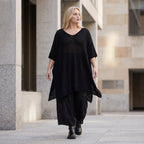 Damen Shirt Lagenlook Baumwolle Schwarz, A-Form, Langarm, V-Ausschnitt, Oversize große Größen – AKH Premium