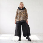 Damen Shirt Lagenlook Viskose Schwarz/Braun, asymmetrisch, Langarm, Kapuze, Oversize große Größen – AKH Premium