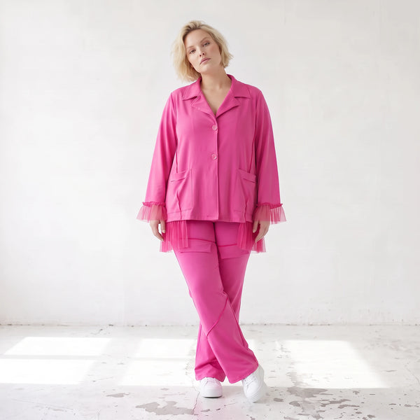 Fuchsia Travellerbluse mit Tüllbesatz und Overlocknaht leichte knitterarme Hemdbluse