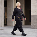 Langarmshirt aus Viskosejersey in Schwarz/Rosa mit geradem Schnitt und Stretchkomfort